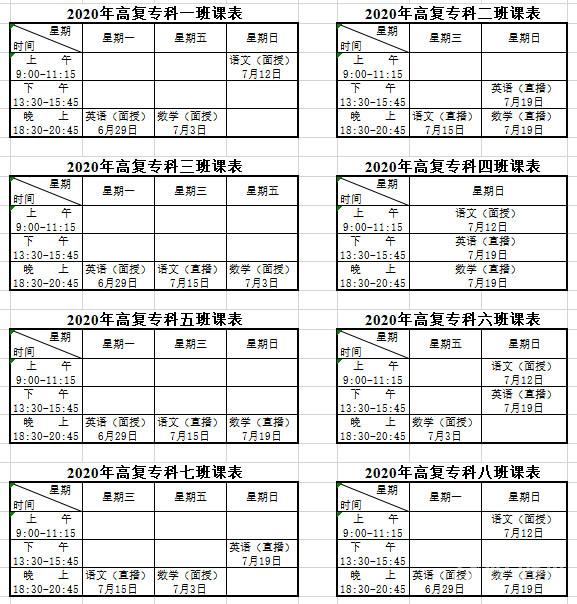 【下架】宁波大学继续教育学院宁达学校2020年专科高复课表